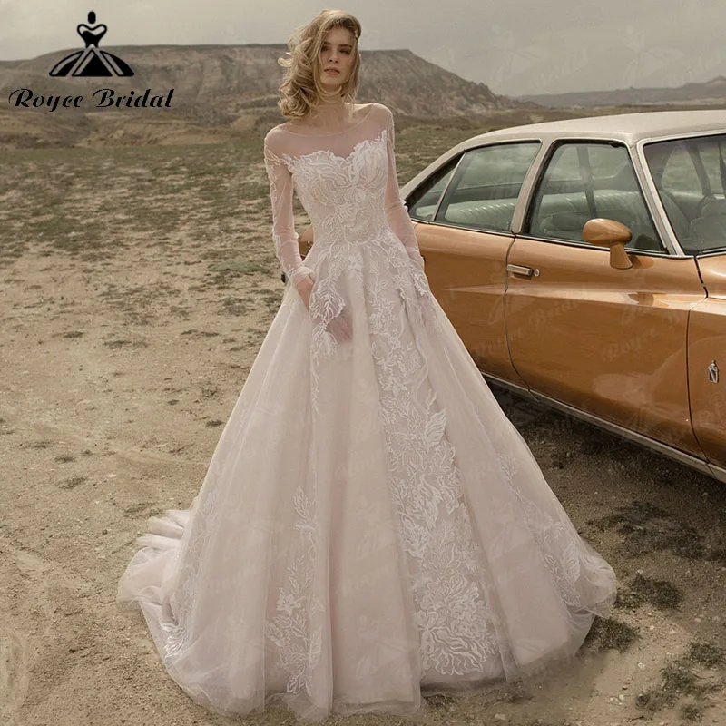 

Gorgeous Vestido De Noiva Ball Gown Princess Wedding Dress with Pockets Long Sleeve Lace Customized Bridal Gowns Robe De Mariage