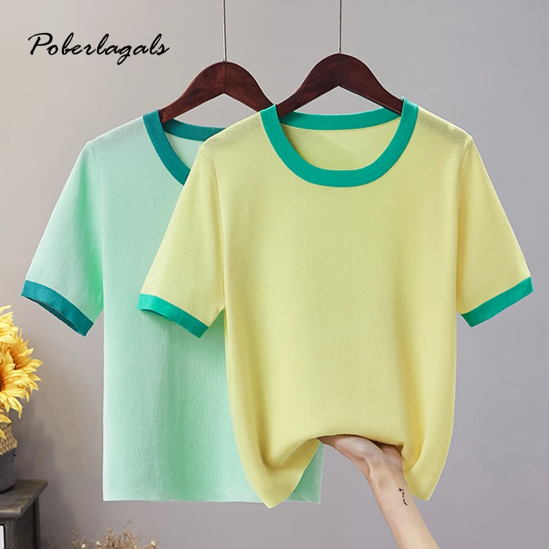 2020 летние свободные топы футболка женская вязаный дышащий Повседневный Топ с