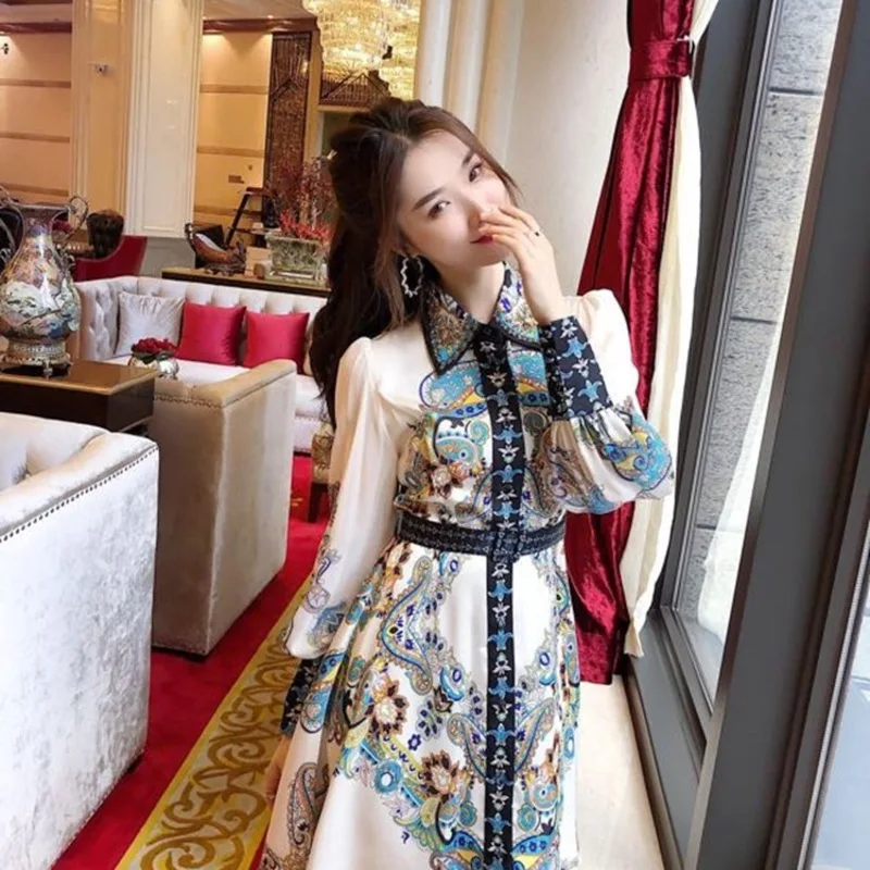 

Autumn retro style dress 20 new women's Lapel long sleeve positioning printing mid length slim dress