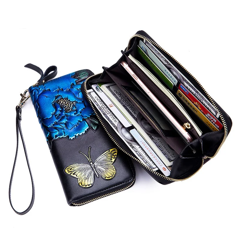 

women purse genuine leather floral wallet women cow leather clutch bag large capacity ladies leather wallets