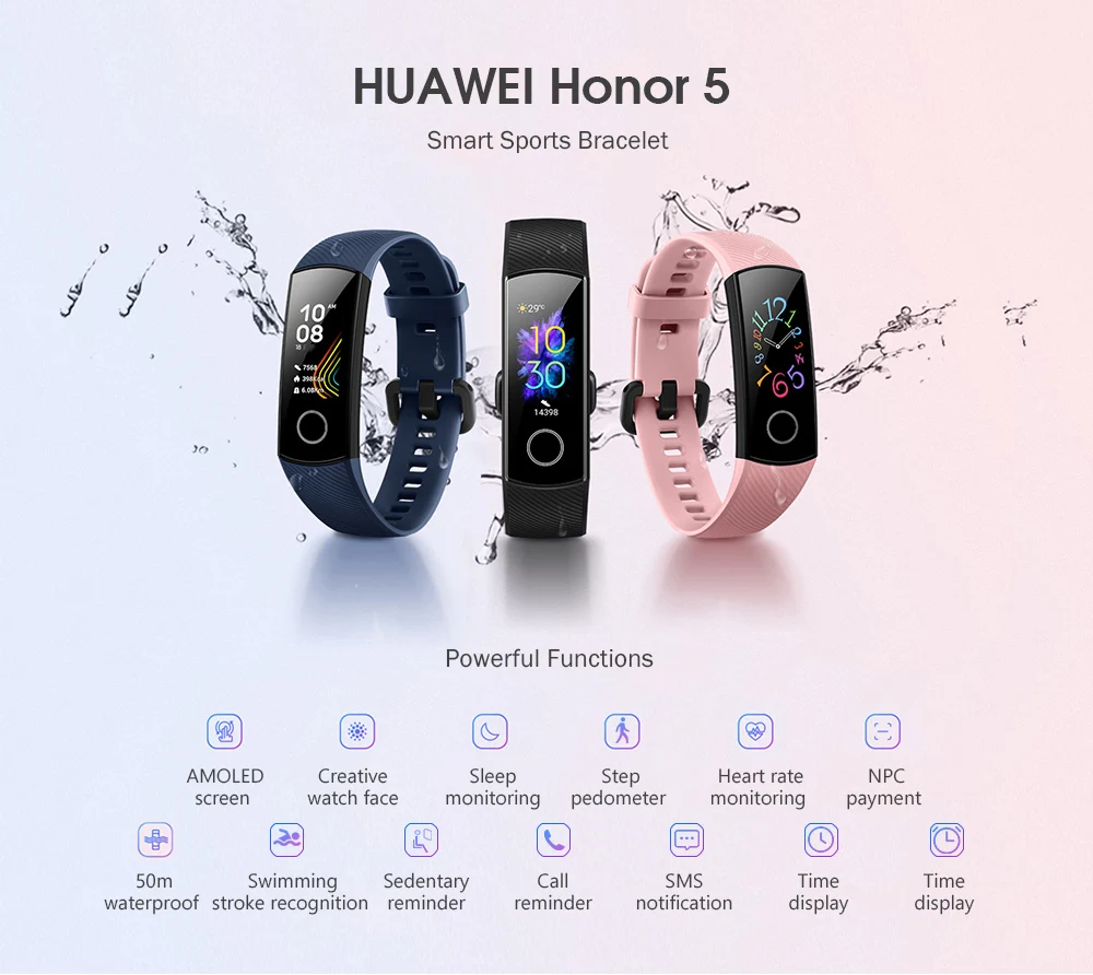 Умный Браслет HUAWEI Honor Band 5, монитор сердечного ритма, часы, Bluetooth, шагомер, браслет 5 АТМ, водонепроницаемый, кислород крови