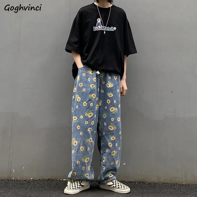 

Jeans Women Harajuku Loose Vintage Sunflower Printed Denim Blue Womens Casual Streetwear Boyfriend Straight Trousers Unisex New