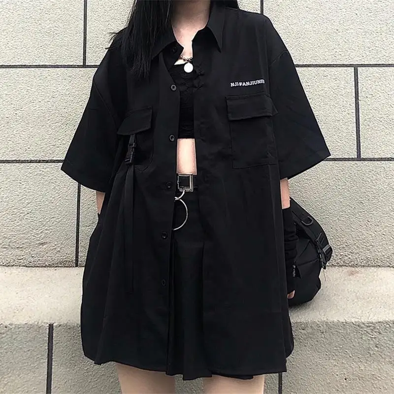 

Summer Korean Harajuku Dark Black Shirts Skirts Pleated Loose BF Shirt Tops Women's JK Fashion Two Piece Set Streetwear Gothic