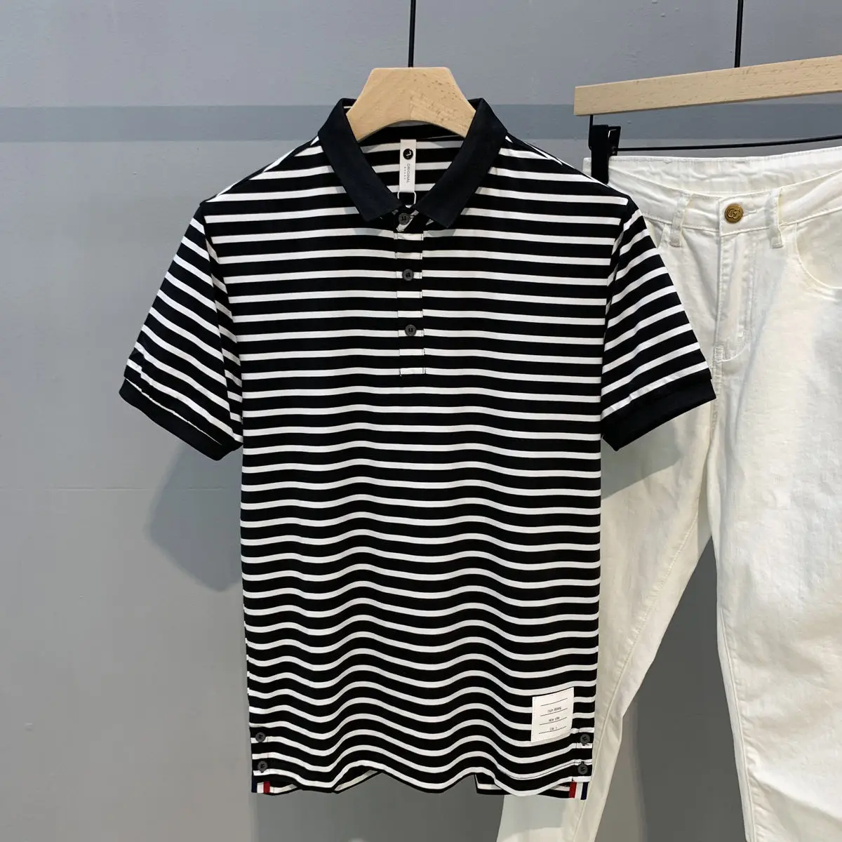 

Summer Slit Design Polo Shirt Casual Stripe Short Sleeve T-shirt Slim Retro Lapel Shirt Men's T-shirt