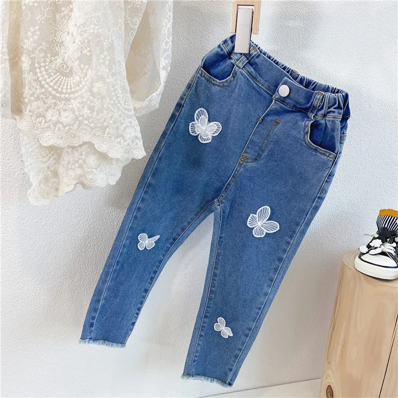 

New Baby Girls Butterfly Jeans 2022 New Spring Autumn Korean Style Slim Denim Trousers Children Casual Jean Pants