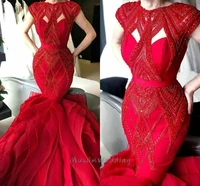 gorgeous red beaded prom dresses cap sleeves bottom ruffles mermaid evening gowns 2020 elegant long pageant party dress luxury