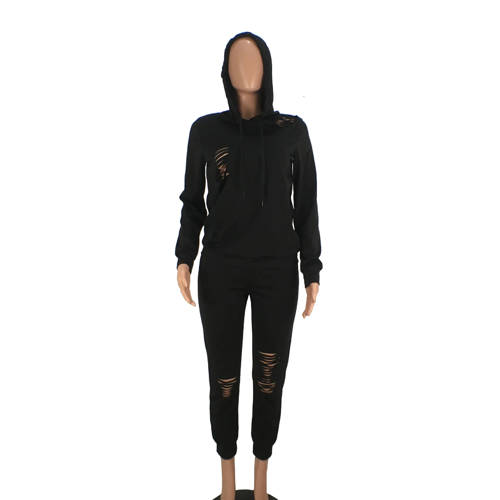 

European fashion casual solid color sports two piece suit slim hooded long sleeve T-shirt and trousers women's suit