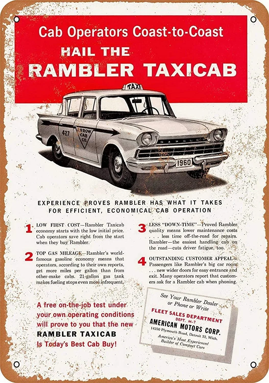 

Rambler Taxi Cab Retro tin sign nostalgic ornament metal poster garage art deco bar cafe shop