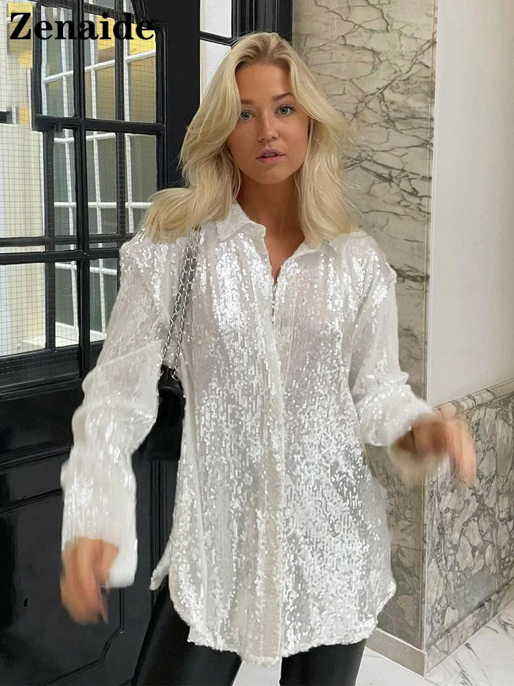 

Zenaide Vintage Autumn Winter Sequins Blouse Shirt Women Fashion V Neck Elegant Sexy Party Long Sleeve Top Shirts Y2K Clubwear
