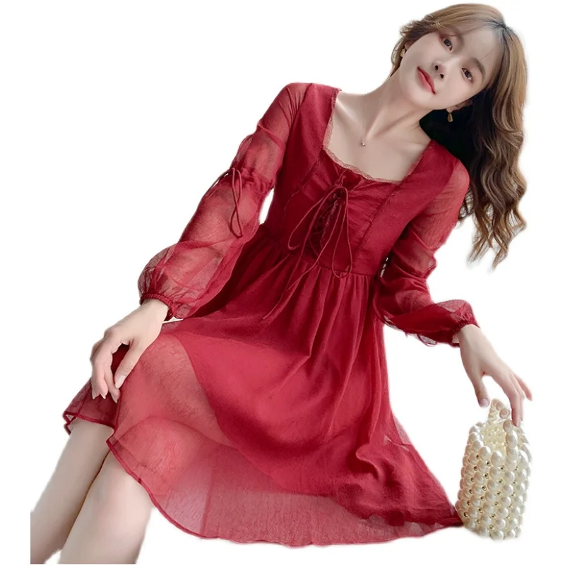 

COIGARSAM French Style Women dress New Vintage High Waist Dresses Red 2114