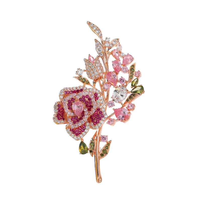 

Red rose flower plant crystal zircon Brooch high grade women's luxury suit coat pin elegant versatile accessories