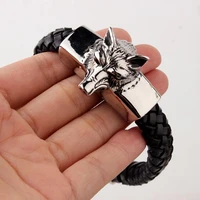 tisnium mens bracelet silver color stainless steel wolf design black leather with woven texture punk hip hop style best gift