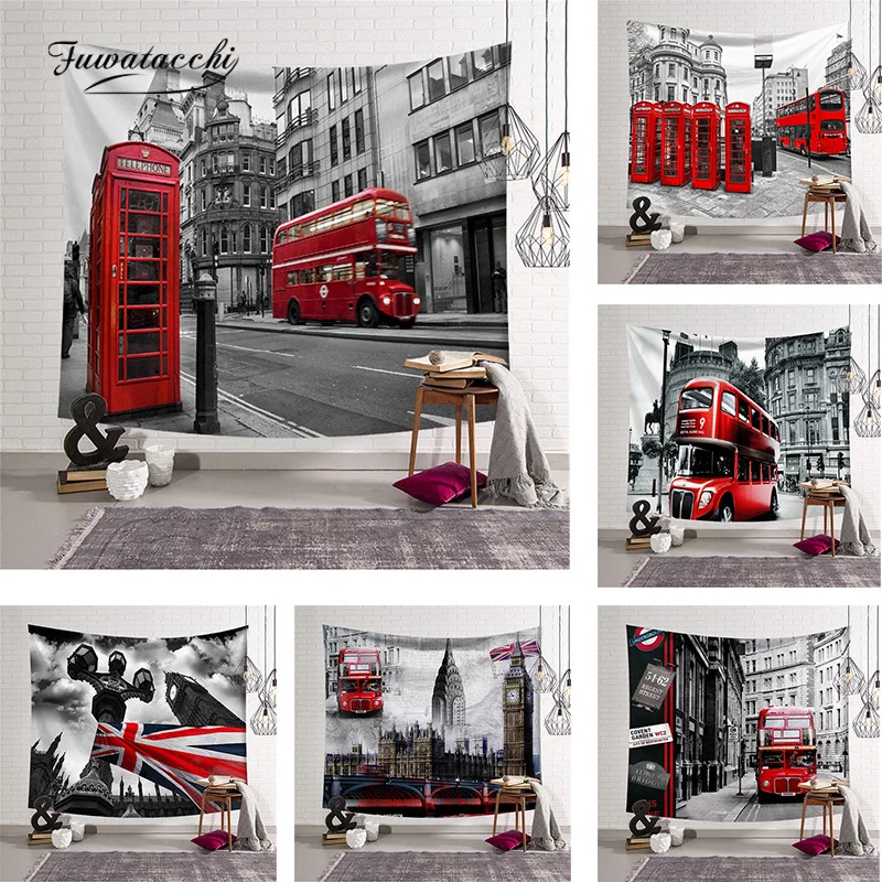 

Fuwatacchi Industrial London Tapestry Wall Hanging Personality Red Bus Telephone Booth Wall Cloth Tapestries Wall Background