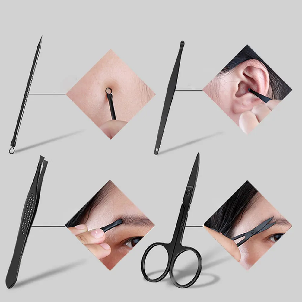 

Multi-Function Manicure Set Pedicure Grooming Kit Nail Clippers Care Tools With Travel Leather Case Stainless Steel Black 18PCS