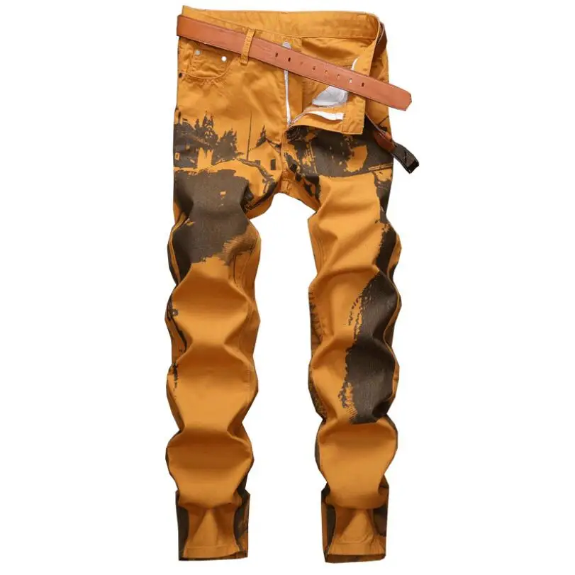 

2021 Autumn Fashion Printed Jeans Men's Slim Straight Pantalon Nightclub Hairstylist Wearing Male Casual Denim Trousers w1131