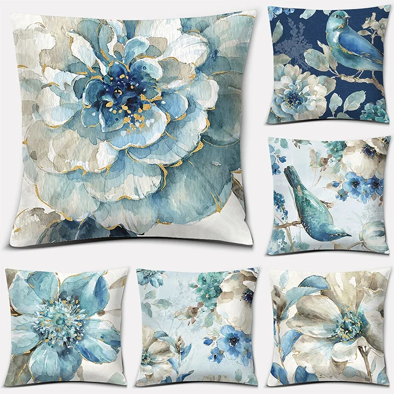 

45x45cm Blue Flower Bird Series Peach skin Pillowcase Cushions Small Fresh Style Dustproof Pillow Cover Household Supplies
