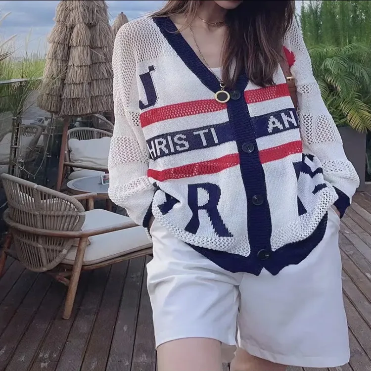 

2021 Knitted Cardigan Sweater Women's Spring and Autumn Breathable Hollow Loose Korean Style Letter Stripes Coat