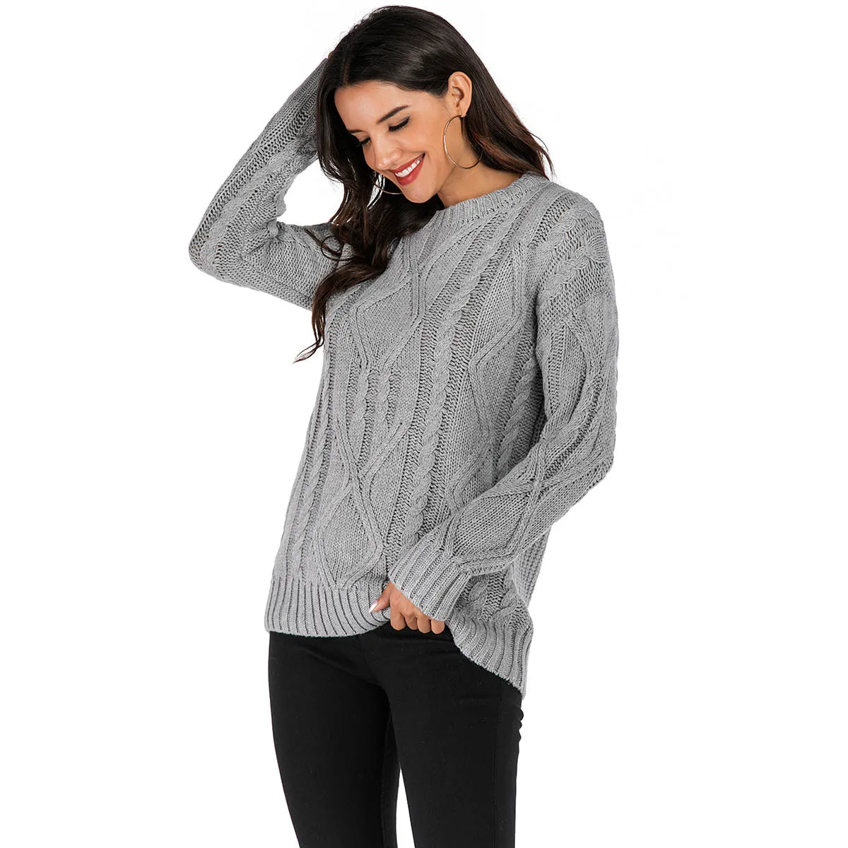 Женский вязаный свитер Свободный пуловер с круглым вырезом трикотажный