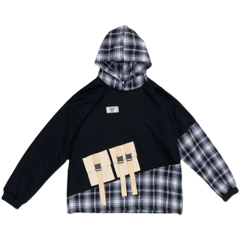 

Hong Kong Men's Stitching Plaid Sweater Korean Style Trendy Loose False Two Pieces Casual Long-Sleeved Top Hooded Pullover