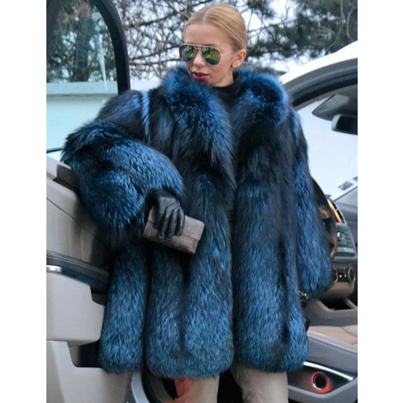 BFFUR Royal Blue Natural Fox Fur Coats Winter Thick Warm Women Genuine Whole Skin Silver Fox Fur Overcoats Luxury Fur Coats 2022