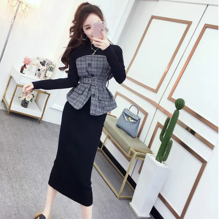 

Spring Autumn Casual Fashion Women Suit Two Pieces Sashes Turtle Neck Knitted Top +Skirt Elatic Waist Split 2021
