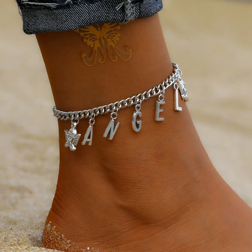 

VKME Bohemian Letter Angel Pendant Chain Anklets for women Alloy Ankle bracelet woman Fashion Foot Chains Bracelet Jewelry