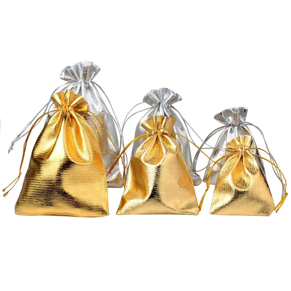 

50pcs/lot Jewelry Packing Silver Gold Foil Cloth Drawstring Velvet Bag 7x9cm 9x12cm 10x15cm Wedding Gift Bags & Pouches