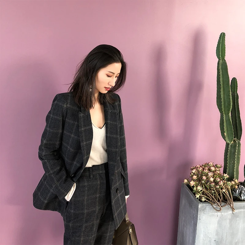 Женский двубортный клетчатый костюм комплект из 2 предметов Блейзер куртка и