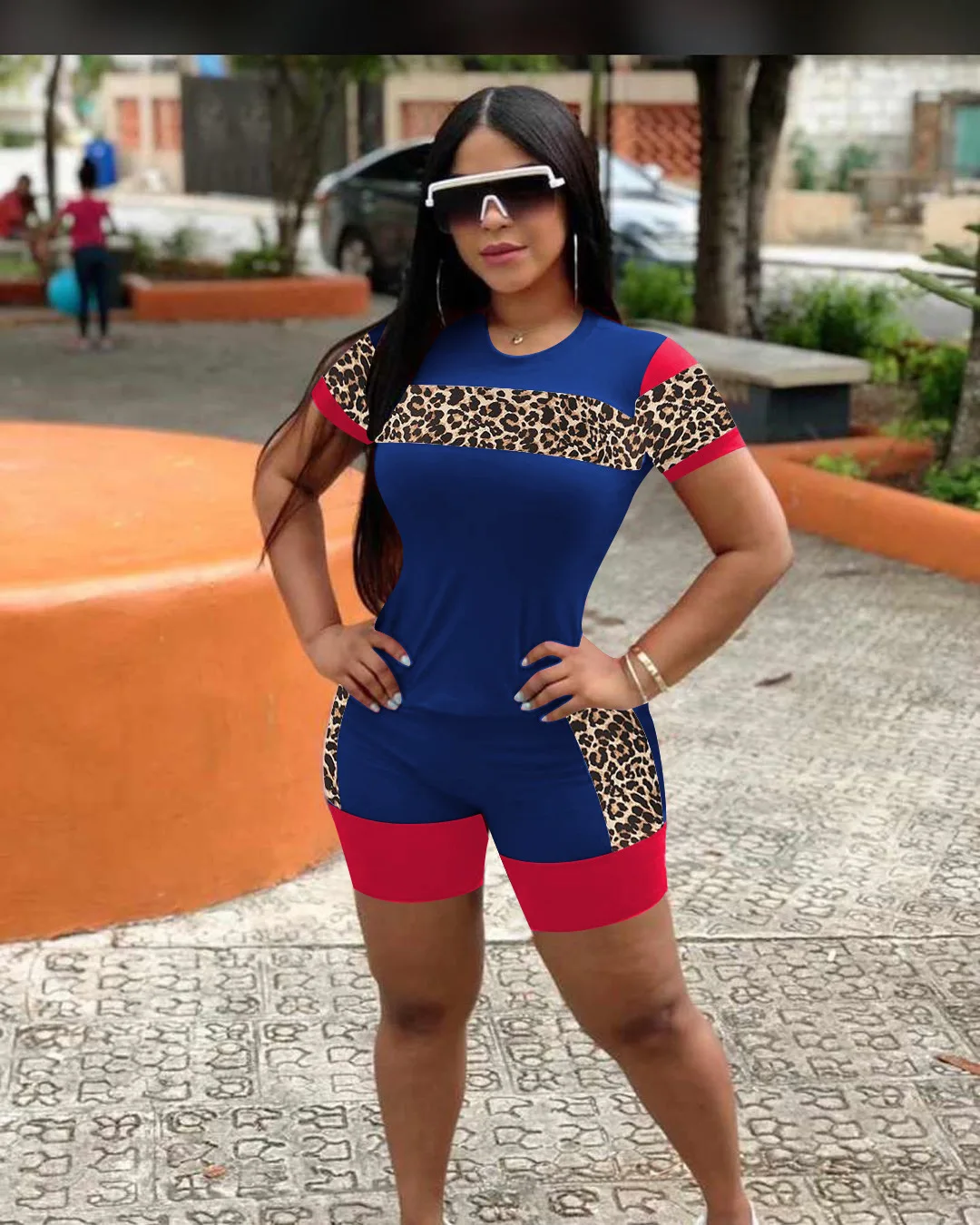 

Two Piece Set Women Colorblock Leopard Print Tops Shorts Sets Summer Clothes Tracksuit For Women Biker Shorts 2 Piece Set Women