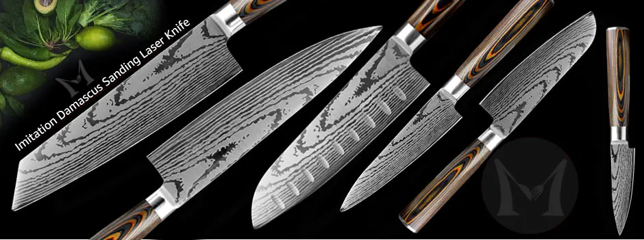 Кухонный нож шеф-повара японские 7CR17 440C высокоуглеродистая Нержавеющая сталь имитация Дамасского шлифовального лазерного ножа