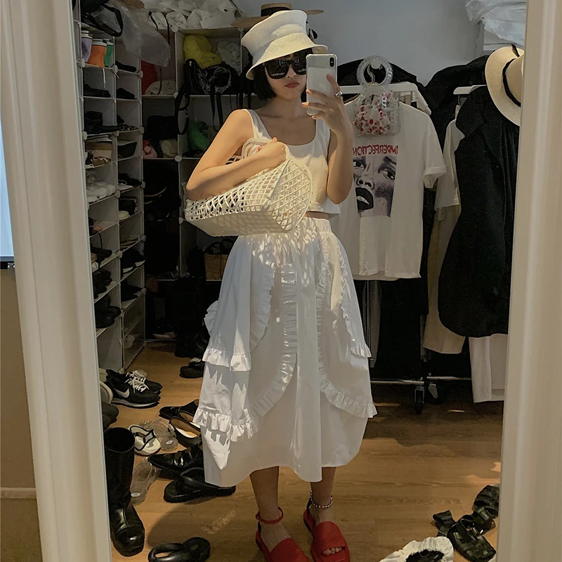 

GALCAUR White Casual Loose Skirt For Women High Waist Patchwork Ruched Minimalist Solid Mid Skirts Female 2021 New Clothes Style