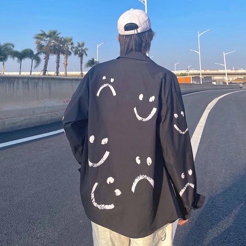 Рубашка мужская с длинным рукавом модная брендовая блуза принтом смайлика