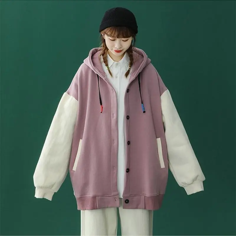 

Jackets for Women Autumn Winter New Jacket Korean Color Matching Long-sleeved Padded Sweatshirt Female Hooded Loose Coats Woman