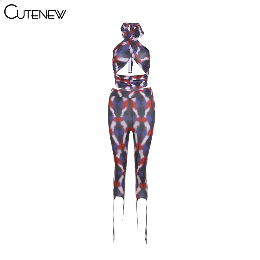 

Cutenew Sexy Casual Crop Top And Cropped Pants Two Piece Sets Women Summer Simple Printing Stretch Slim Beach Vacation Lady Suit