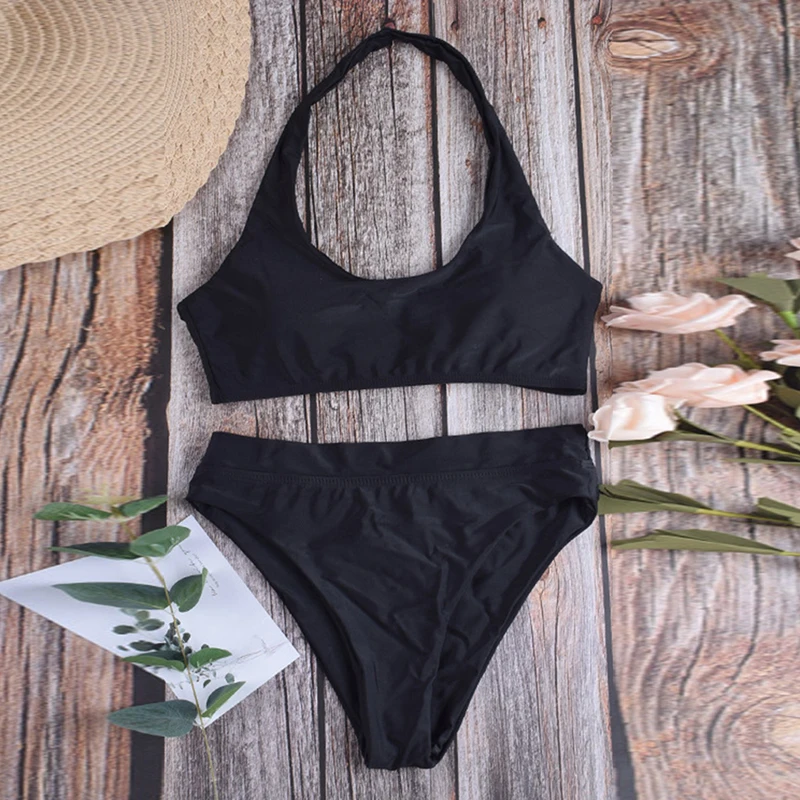 

Sexy Women's Summer Swimsuit Bikini Set Solid Color Halter Bra High Waist Thong Beachwear Two-piece Women Swimsuit