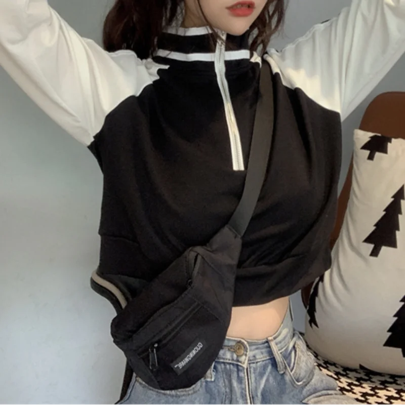 

2021 Fall Korean Style Lapel Color Patchwork Zipper Long Sleeve Pulloers Women's Loose High Waist New Short Top Fashion Tops
