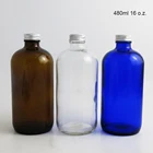 480 мл Высокое качество синий прозрачный глубокий Янтарь 16 унций красота бостон круглая стеклянная бутылка с серебряной алюминиевой крышкой
