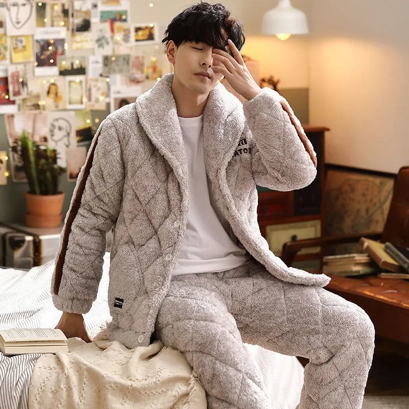 Толстая Коралловая флисовая Пижама комплект из 2 предметов для мужчин зимняя