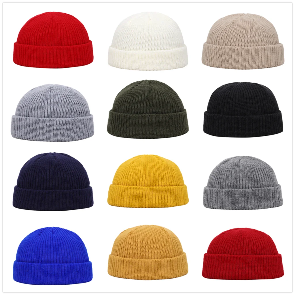 

Winter Knit Mens Hat Skullcap Men Beanie Hat Winter Short Brimless Baggy Melon Cap Docker Fisherman Knitted Hat Women