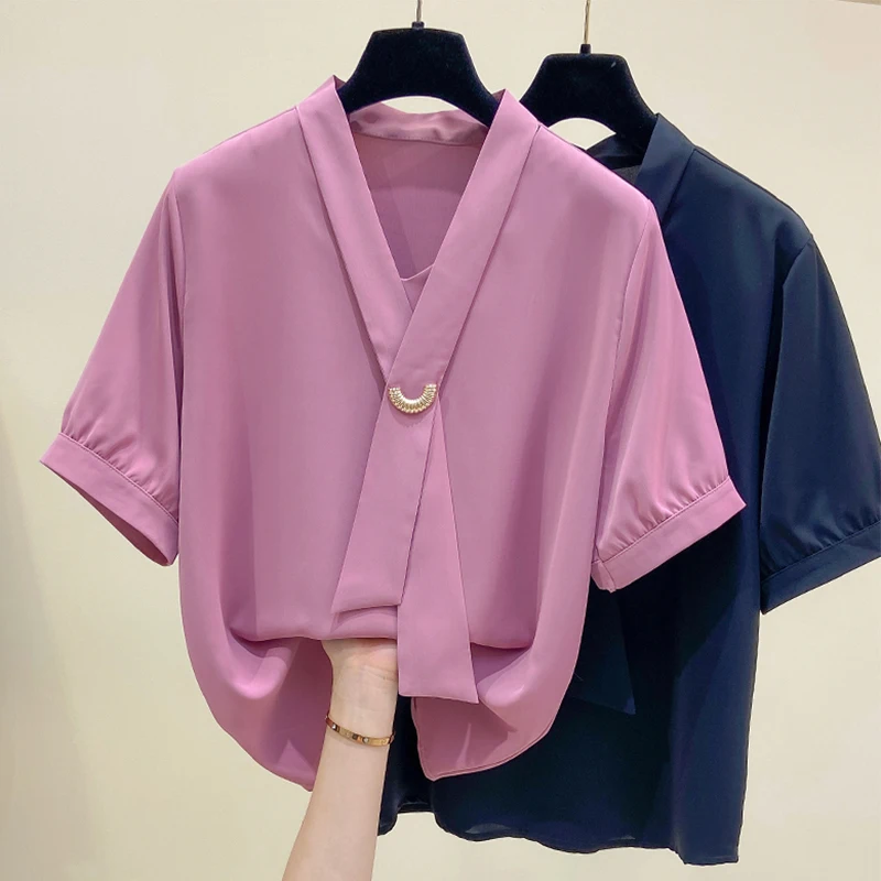 

Блузка Nkandby женская шифоновая с V-образным вырезом, модная Свободная рубашка, однотонная блузка с коротким рукавом, шикарный топ, лето размер...