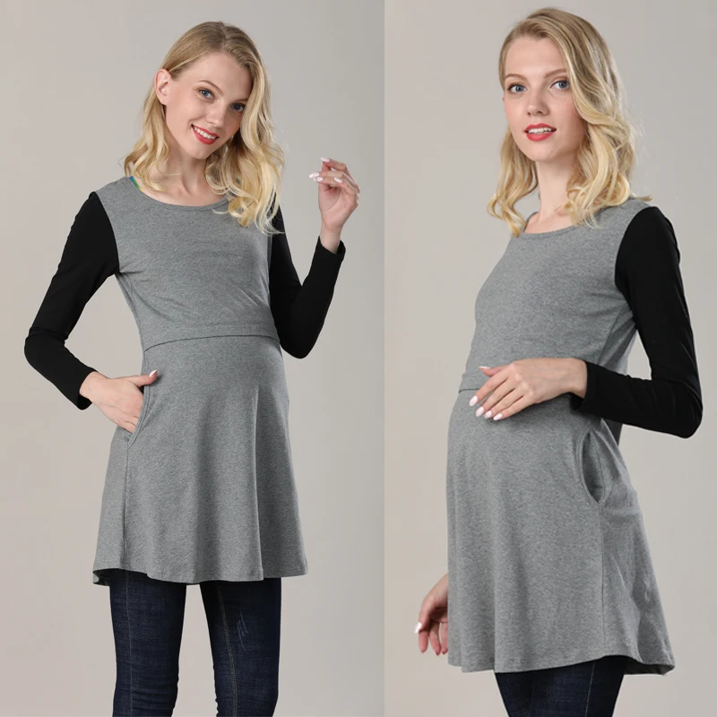Emotion Moms/Хлопковая весенняя длинная одежда для беременных; топ для кормления грудью; топы для беременных женщин; Футболка для беременных