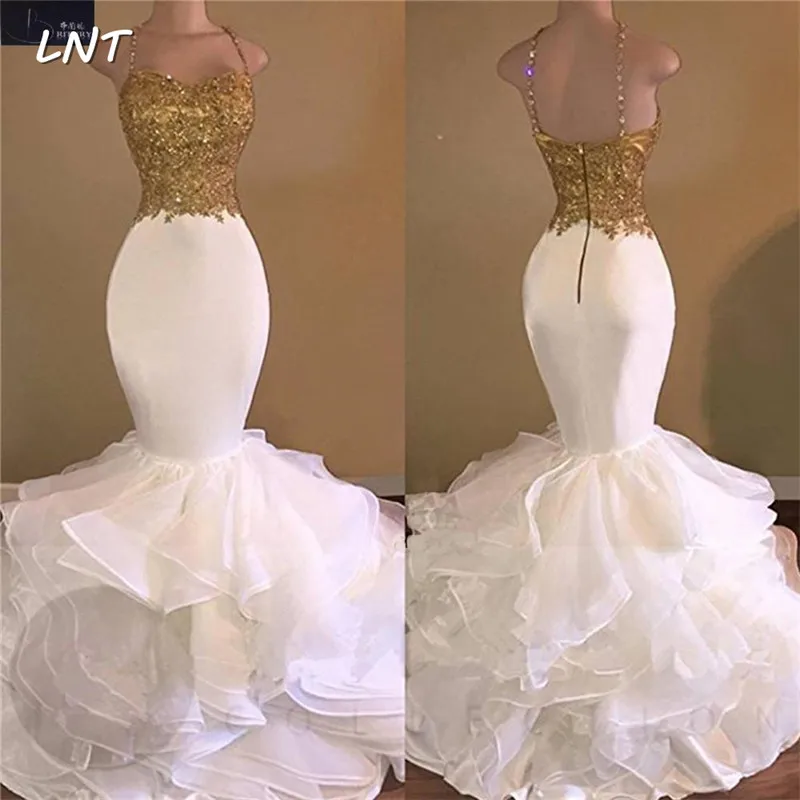 Платье Русалка на бретельках платье выпускного вечера с золотым кружевом |