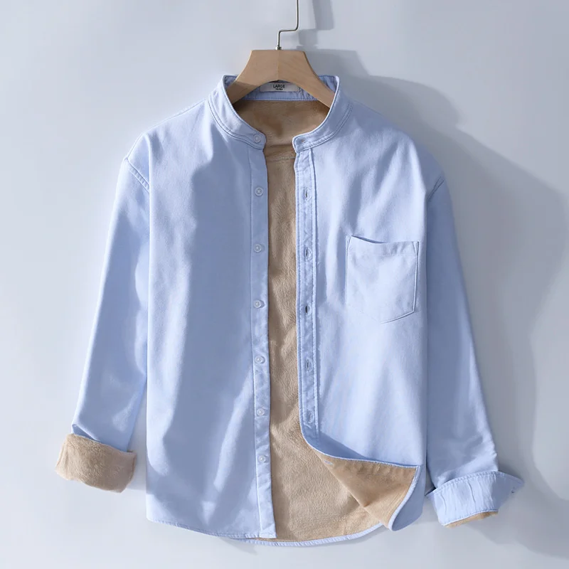 

Winter Oxford Thick Mens Warm Shirts Long Sleeve Stand Collar Solid Color High Quality Shirt Male Slim Casual Bottoming Clothes