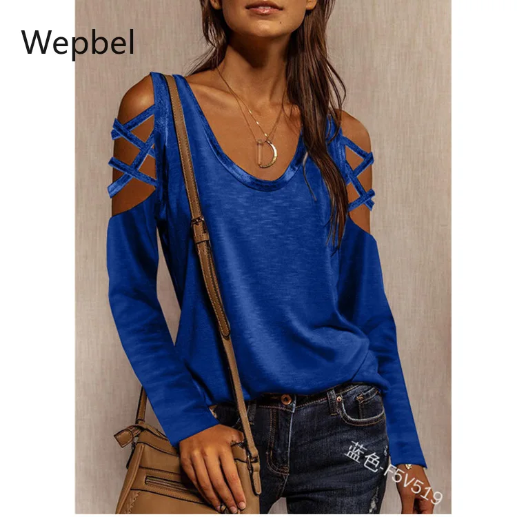 

Wepbel Solid Color Casual Tshirts Shoulder-Baring Round Neck Tops Women Loose Long Sleeve Pullover T-shirt Tops
