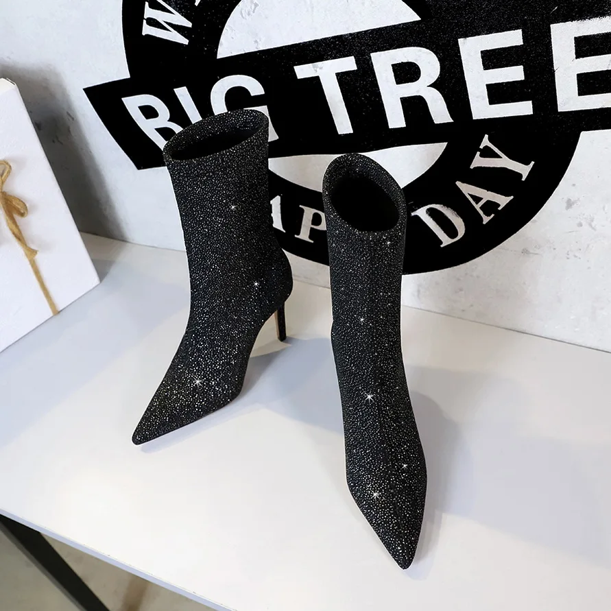 BIGTREE Boots Autumn New Sequin Cloth Women Ankle Boots Pointed Toe High-heel Boots Sexy Short Boots Thin With Party Ladies Shoe