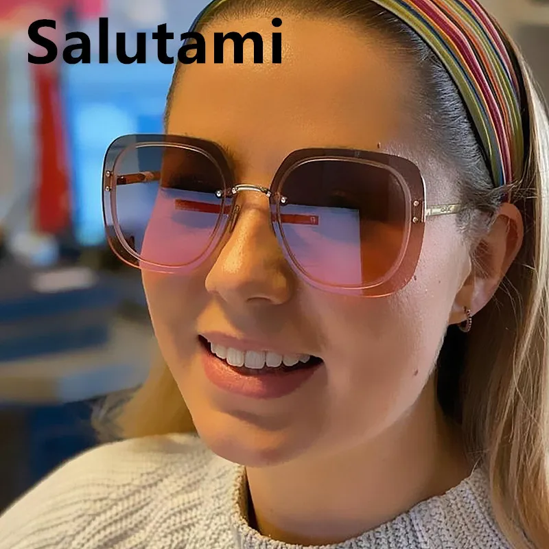 

Luxury Brand Alloy Square Sunglasses For Women Vintage Gradient Oversized Sun Glasses Female Rivet Rimless Single Bridge Shades