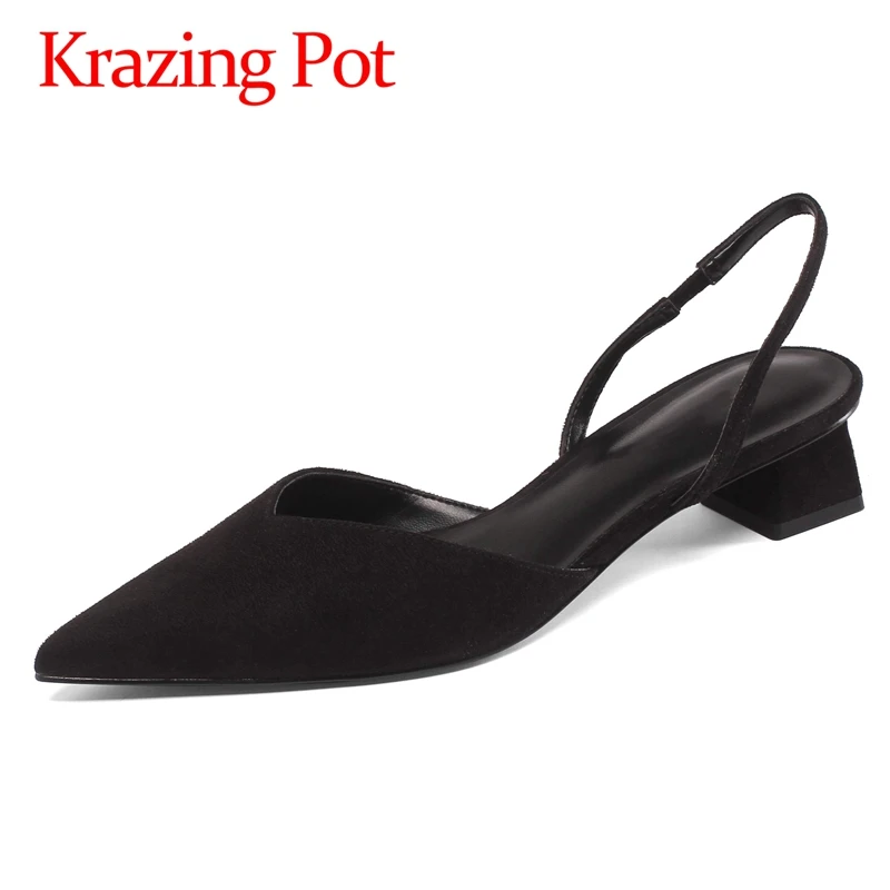 

Krazing pot genuine leather pointed toe med heels gentlewomen party beauty lady basic daily wear slip on mules sandals women L09