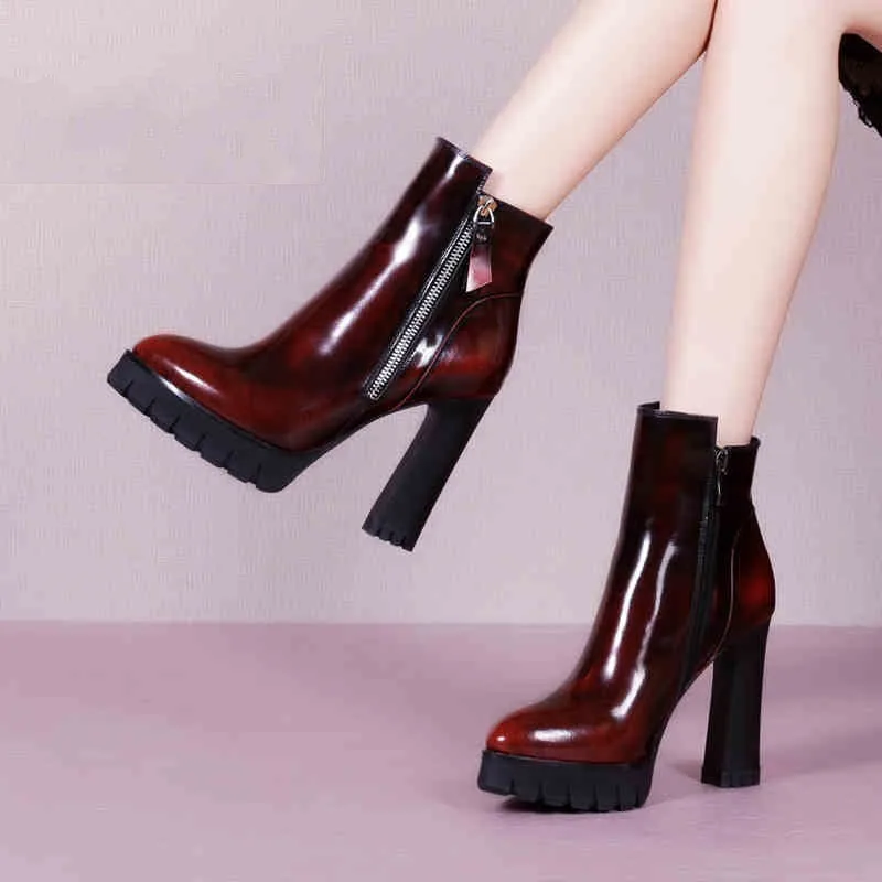 2020 Office Lady Pointed Toe Platform Ankle Boots Winter Warm Genuine Leather High-Top Shoes Women Elegant High Heel Booties | Обувь