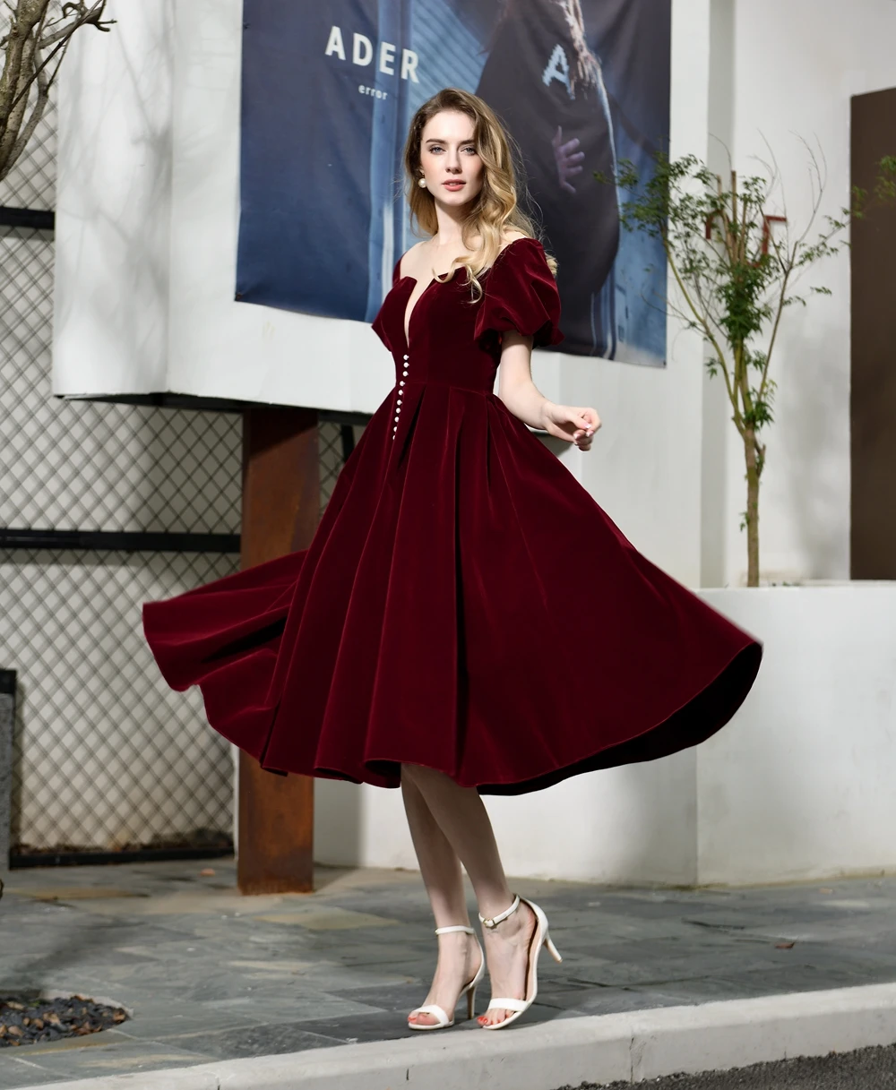 Wine Red Formal Party Prom Dresses Sexy Sheer Sleeve Short Sleeve vestidos de gala Evening Graduation Gowns robe de soiree
