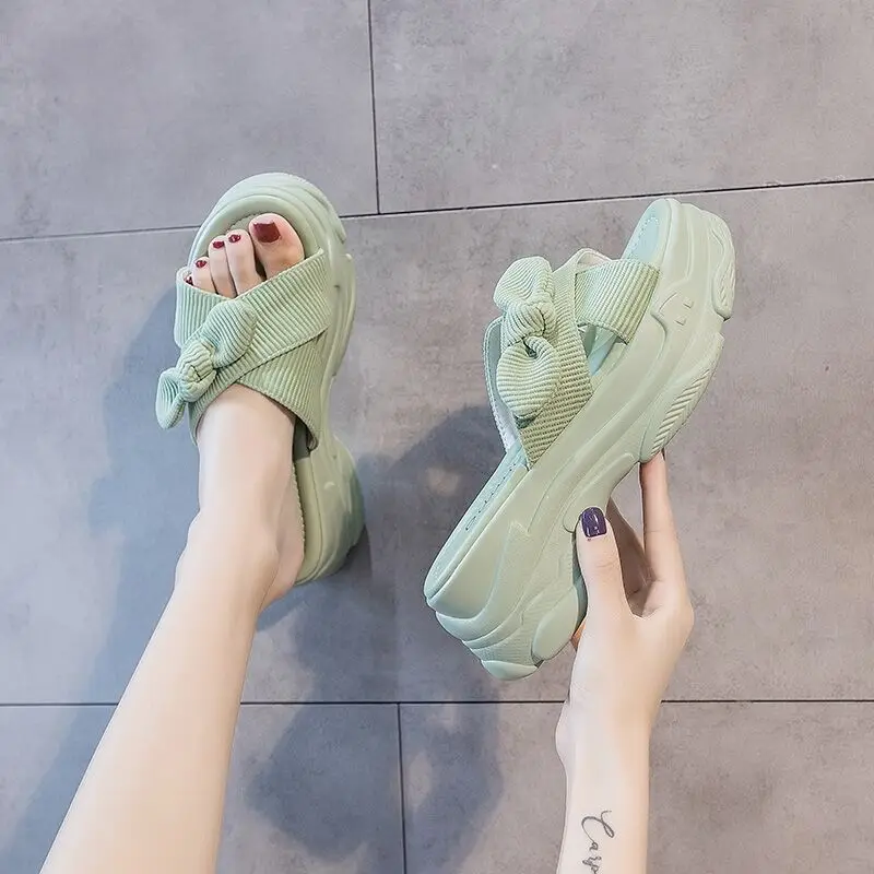 

Shoes Butterfly-Knot Slippers Casual Women Heels Pantofle Slides Platform Luxury High 2021 Flat Cotton Fabric Butterfly-knot PU